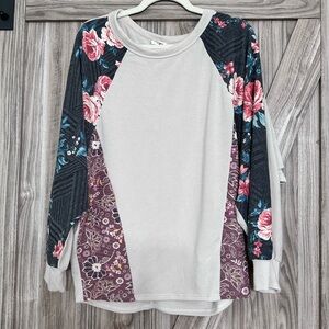 BiBi Floral Patchwork Long Sleeve Top - Cream, Purple, Blue